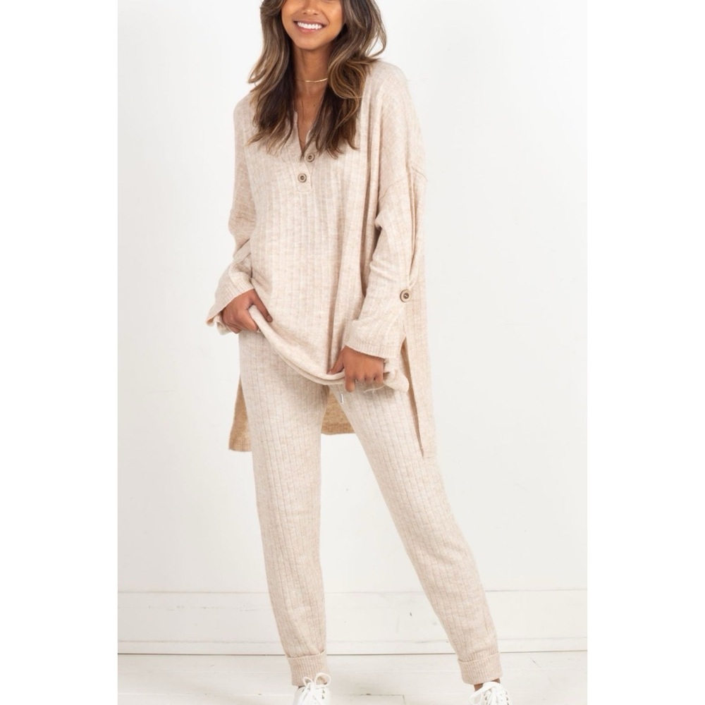 2 Pc Free People Around the Clock Ribbed Knit Sweater and Joggers Oatmeal